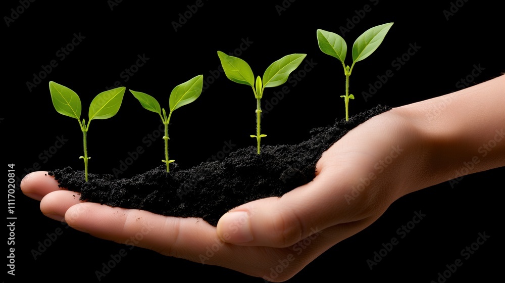 Hand holding soil with small plants growing from it. Sustainable development, environmental protection, ecological restoration, biodiversity, green agriculture, healthy living Hand holding soil with small plants growing from it. Sustainable development, environmental protection, ecological restoration, biodiversity, green agriculture, healthy living