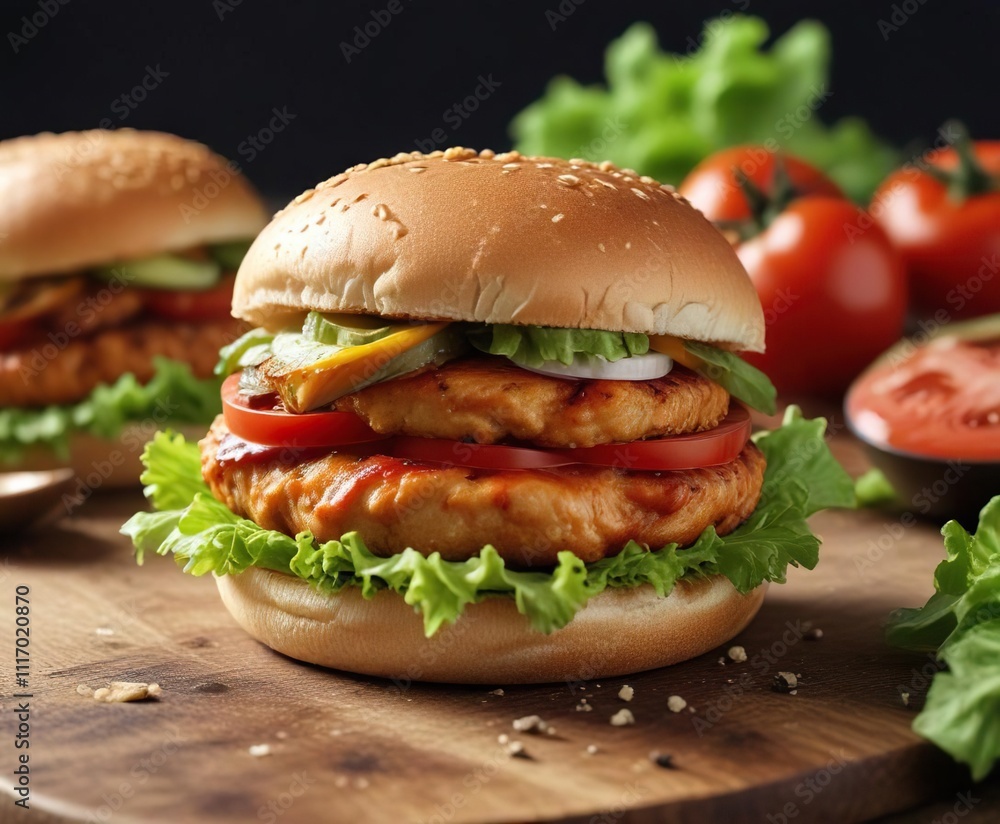 Fresh tomatoes and lettuce on top of a juicy buffalo chicken burger , lettuce, dinner Fresh tomatoes and lettuce on top of a juicy buffalo chicken burger , lettuce, dinner