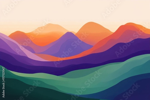 Abstract landscape with layered mountains in warm and cool colors.