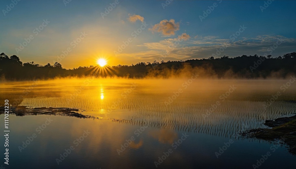 Obraz premium Serene sunrise over a misty lake, reflecting nature's beauty.