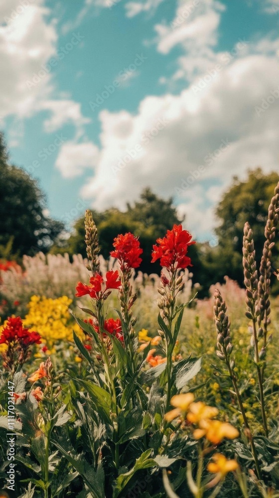A vibrant flower garden under a blue sky with fluffy clouds. A vibrant flower garden under a blue sky with fluffy clouds.