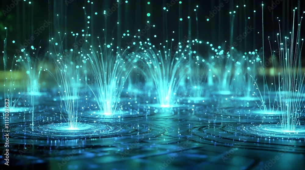 Electric Fountains: Streams of blue and green lights curve and twist into fountains of energy, with points of light popping in and out of the curves, making the scene feel alive with kinetic energy Electric Fountains: Streams of blue and green lights curve and twist into fountains of energy, with points of light popping in and out of the curves, making the scene feel alive with kinetic energy