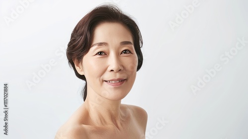 studio shot of mature middle aged chinese woman with beautiful skin, smiling studio lighting ,clean white background ,copy space, skin care, healthy lifestyle,self care concept 