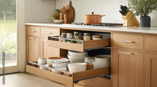 A modern kitchen features open wooden drawers filled with neatly organized dishes, jars, and kitchen tools, offering a clean and efficient storage solution. photo