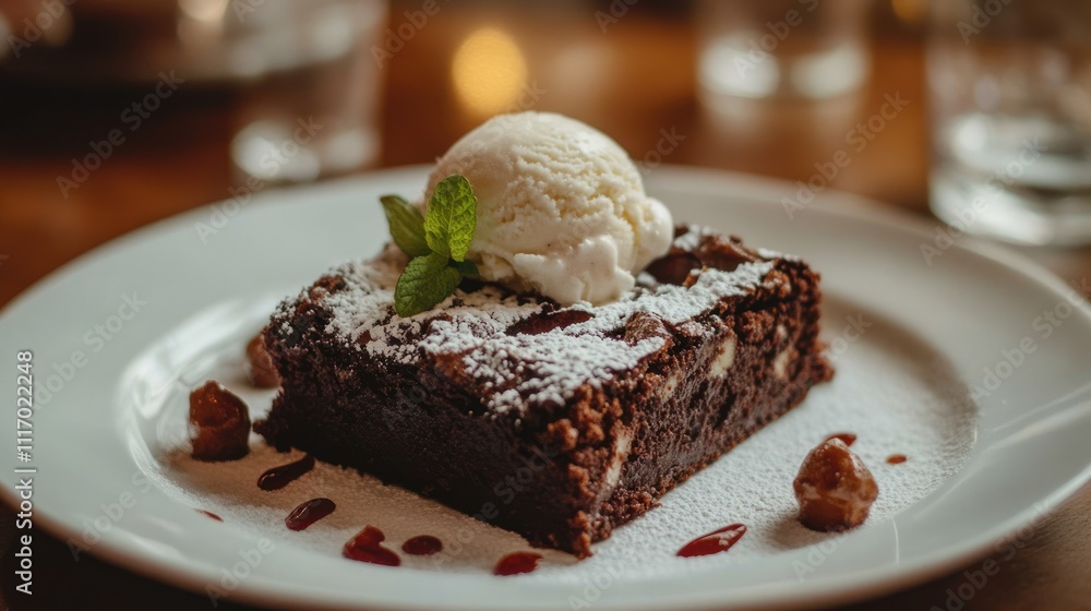 Chocolate Brownie with Ice Cream and Powdered Sugar Chocolate Brownie with Ice Cream and Powdered Sugar