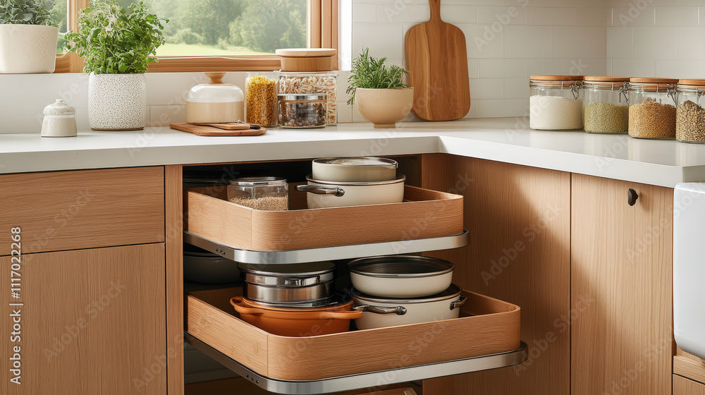 A modern kitchen features neatly organized pull-out drawers with cookware and jars, complemented by natural wood cabinets and potted herbs by the window. A modern kitchen features neatly organized pull-out drawers with cookware and jars, complemented by natural wood cabinets and potted herbs by the window.