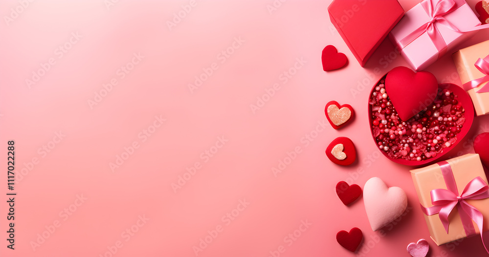 Colorful display of heart-shaped gifts and chocolates for a romantic celebration on a pink background Colorful display of heart-shaped gifts and chocolates for a romantic celebration on a pink background