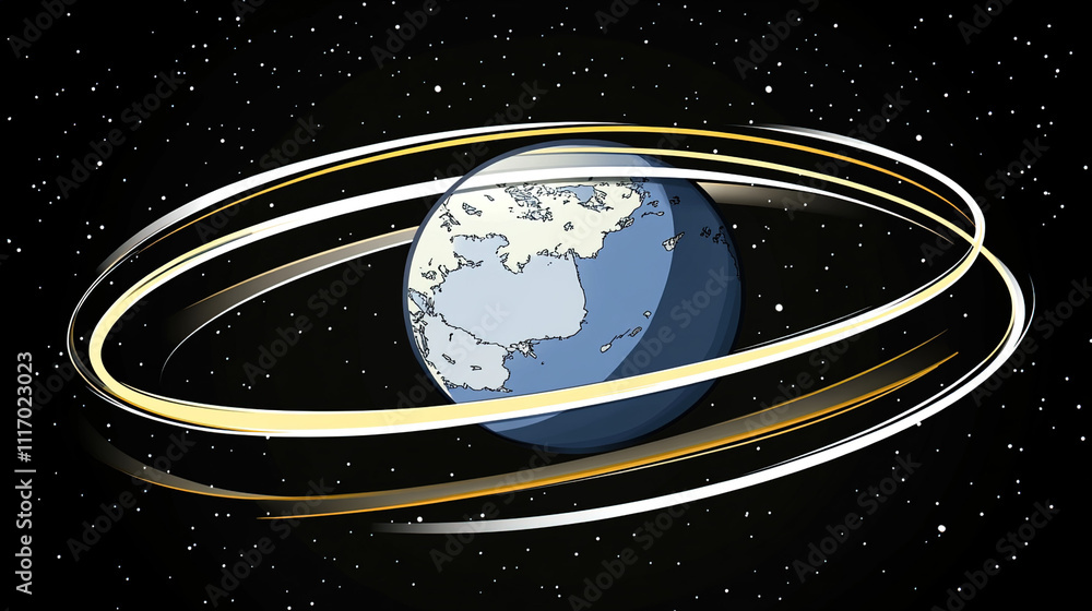 Fototapeta premium Earth axis diagram illustration showing the tilt of the Earth's rotational axis relative to its orbital plane, explaining the cause of seasonal changes and the distribution of sunlight.