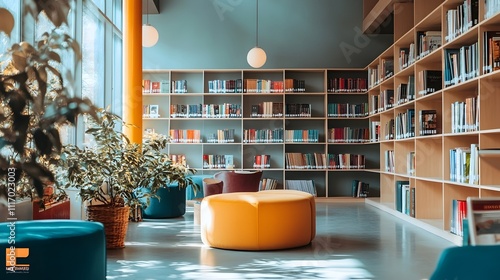 Modern library interior with bookshelves, seating, and plants.