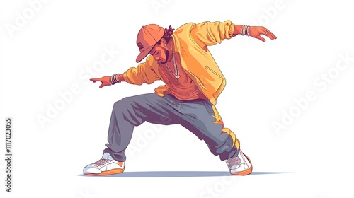 a 2D cartoon illustration of a street dancer doing hip-hop moves, stylish and energetic, white background--ar 16:9 photo