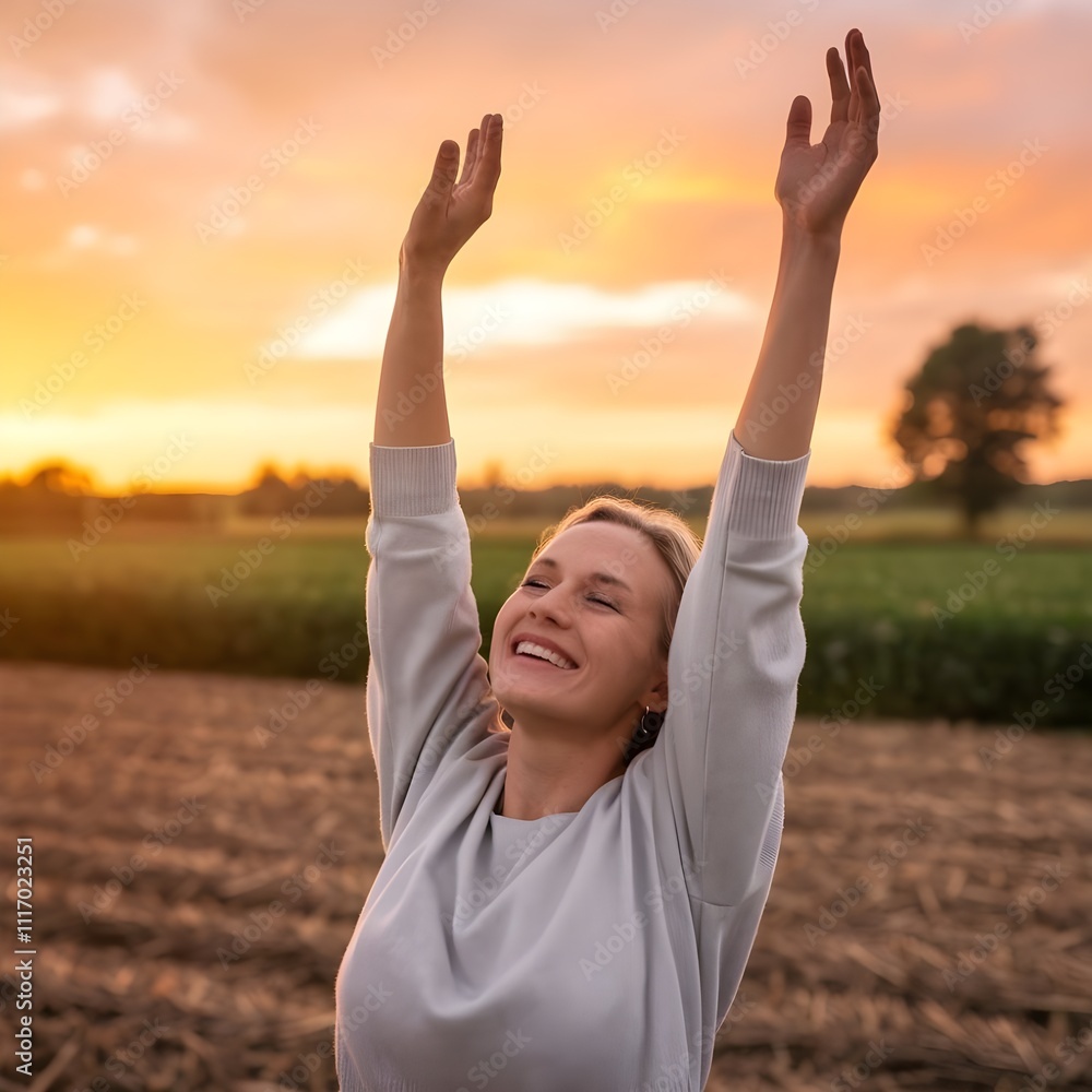 Happy and joyful woman raising arms in a rural field. Woman praising or worship in sunset Happy and joyful woman raising arms in a rural field. Woman praising or worship in sunset
