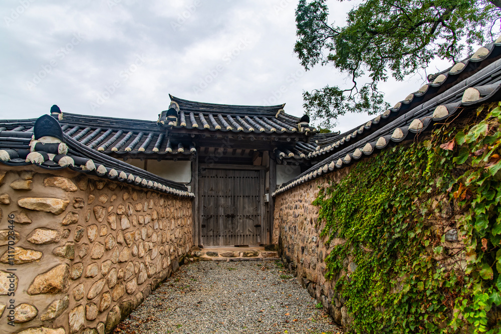 wooden gate and door in the traditional Korean building wooden gate and door in the traditional Korean building