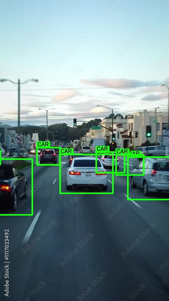 Autonomous car driving through a San Francisco neighborhood. Computer ...