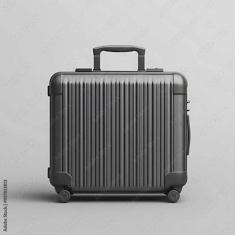 Fototapeta premium A sleek dark grey carry on suitcase sits on a plain background