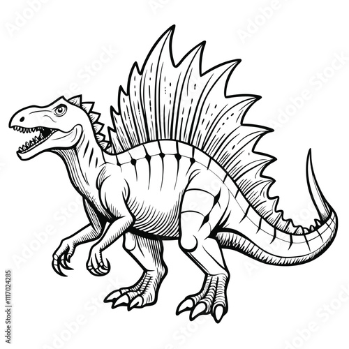 coloring page of a roaring Dinosaur with white background and black color drawing 