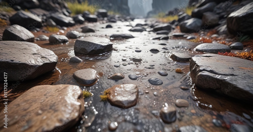 Liquid drops fall onto rough, weathered stone surfaces in a rocky area , falling, rough stone Liquid drops fall onto rough, weathered stone surfaces in a rocky area , falling, rough stone