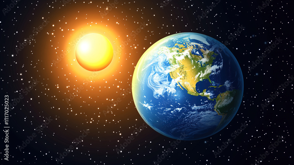 Fototapeta premium Earth axis diagram illustration showing the tilt of the Earth's rotational axis relative to its orbital plane, explaining the cause of seasonal changes and the distribution of sunlight.