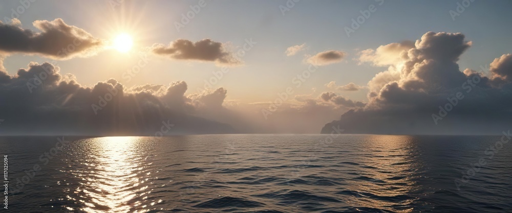 Obraz premium Misty clouds covering the sun on a tranquil ocean, cloudy, sea, calmness
