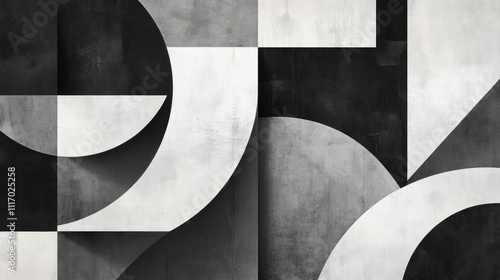 Abstract geometric design in black, white, and gray tones.