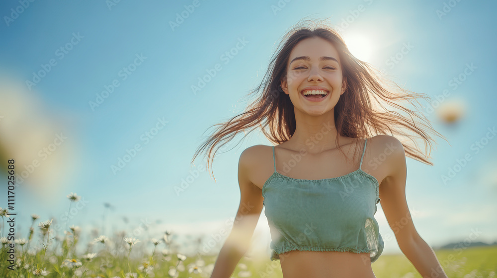 A woman joyfully smiles in a sunny meadow, wearing a light green top. The background features a clear blue sky and wildflowers. A woman joyfully smiles in a sunny meadow, wearing a light green top. The background features a clear blue sky and wildflowers.