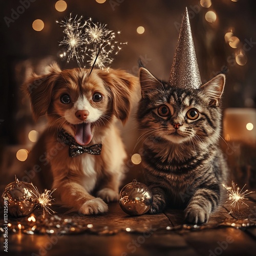 Joyful Dog and Cat Ringing in the New Year Together photo