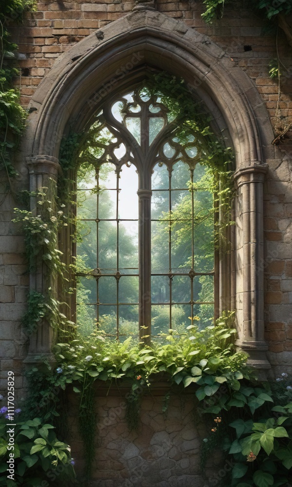 Fototapeta premium Overgrown church window with lush green vines and flowering plants , overgrown, vines