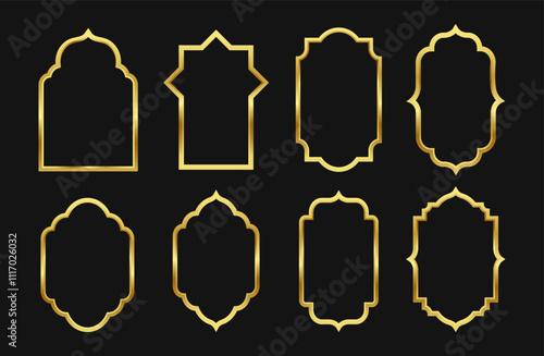Set of luxury arabic golden frames decoration. islamic arch windows oriental shapes in retro style.vector illustration