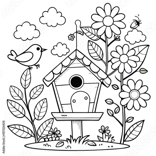 Printable Spring Birdhouse Coloring Page for Children