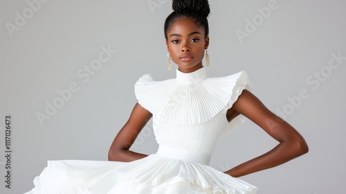 Fashion event featuring elegant white dress studio setting editorial photography minimalist background high fashion concept