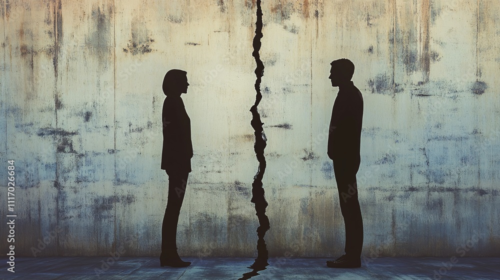 Silhouette of two businesspeople looking at each other and breaking through wall. Silhouette of two businesspeople looking at each other and breaking through wall.