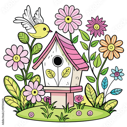 Spring-Themed Birdhouse Coloring Page for Children to Stimulate Creativity