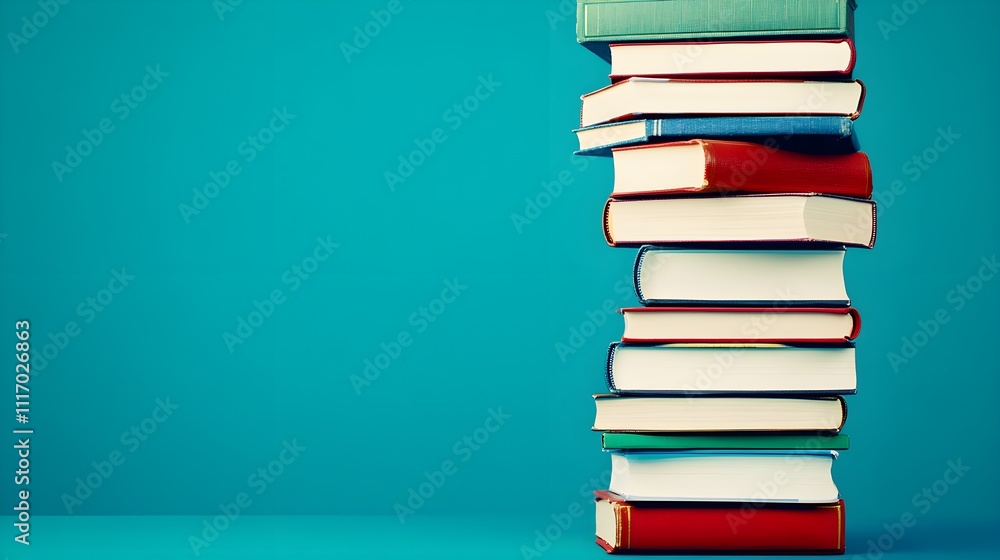Stack of colorful books against a turquoise background educational content modern environment close-up view Stack of colorful books against a turquoise background educational content modern environment close-up view
