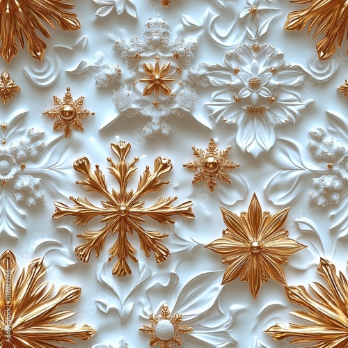 Ornate Embossed Tile Wall Design with Snowflakes and Leaves Pattern in Gold Frame photo