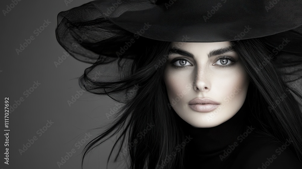 Elegant fashion portrait of a woman in a black hat studio setting high contrast dramatic lighting close-up shot Elegant fashion portrait of a woman in a black hat studio setting high contrast dramatic lighting close-up shot