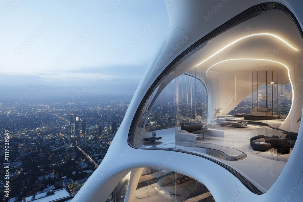 Futuristic interior design showcasing panoramic city views at dusk. Futuristic interior design showcasing panoramic city views at dusk.