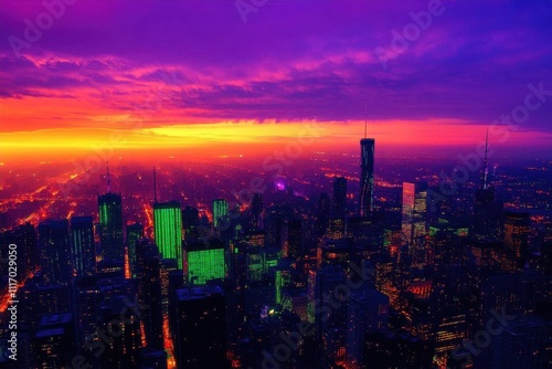 Wallpaper Mural A vibrant sunset over a city skyline, showcasing colorful lights. Torontodigital.ca