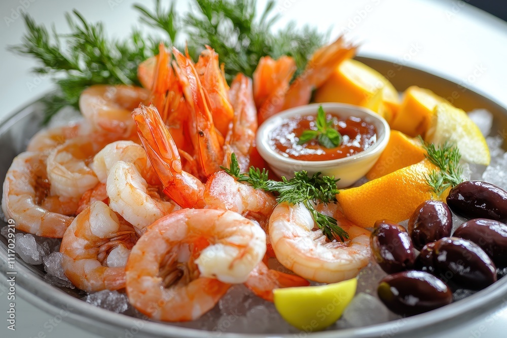 Seafood platter with fresh shrimp on crushed ice, olives, and dipping sauce Seafood platter with fresh shrimp on crushed ice, olives, and dipping sauce