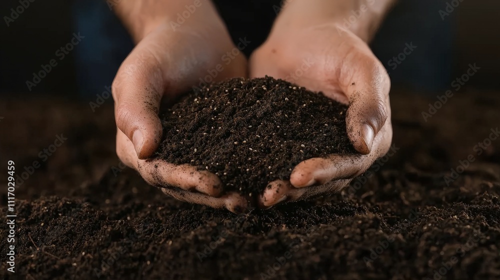 Hands cupping rich, dark soil; close-up view of fertile earth. Hands cupping rich, dark soil; close-up view of fertile earth.