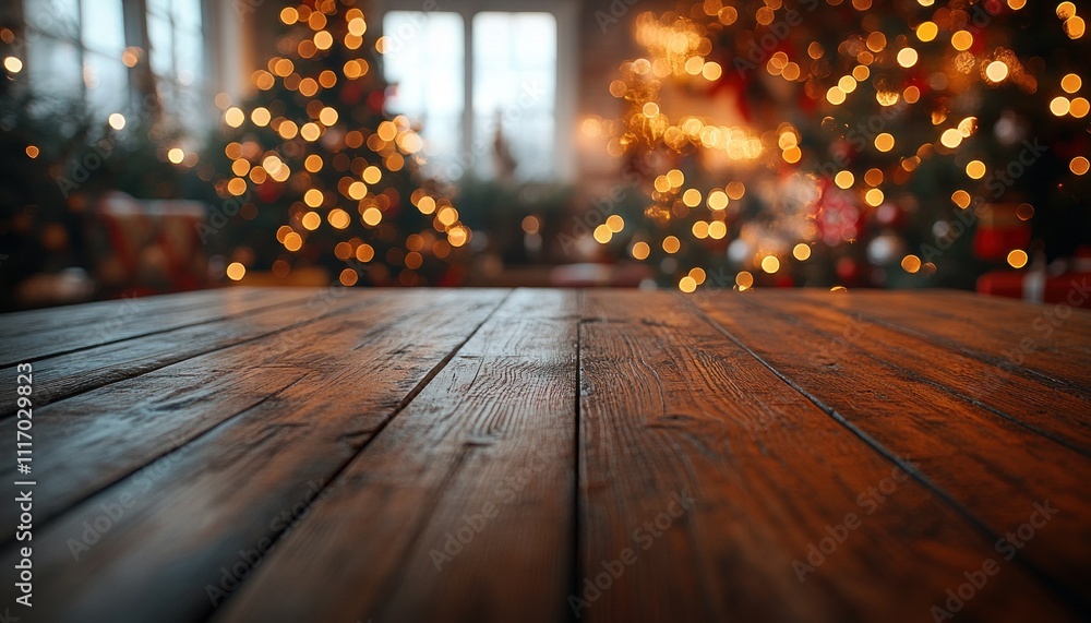 Cozy Christmas Dining Room with Wood Table and Blurred Christmas Tree in the Background Cozy Christmas Dining Room with Wood Table and Blurred Christmas Tree in the Background