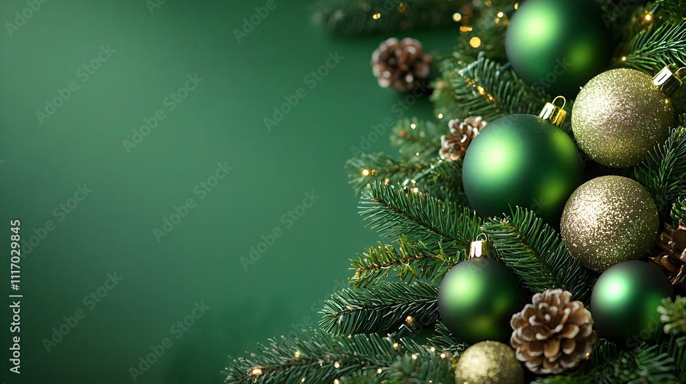 Festive Green Christmas Ornaments and Pine Branches Festive Green Christmas Ornaments and Pine Branches