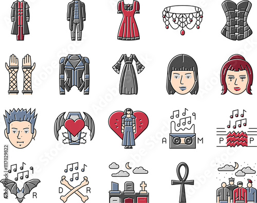 goth subculture punk gothic y2k icons set vector. heart tattoo, flame girl, people rocker, man metal, couple fire, woman graffiti goth subculture punk gothic y2k color line illustrations