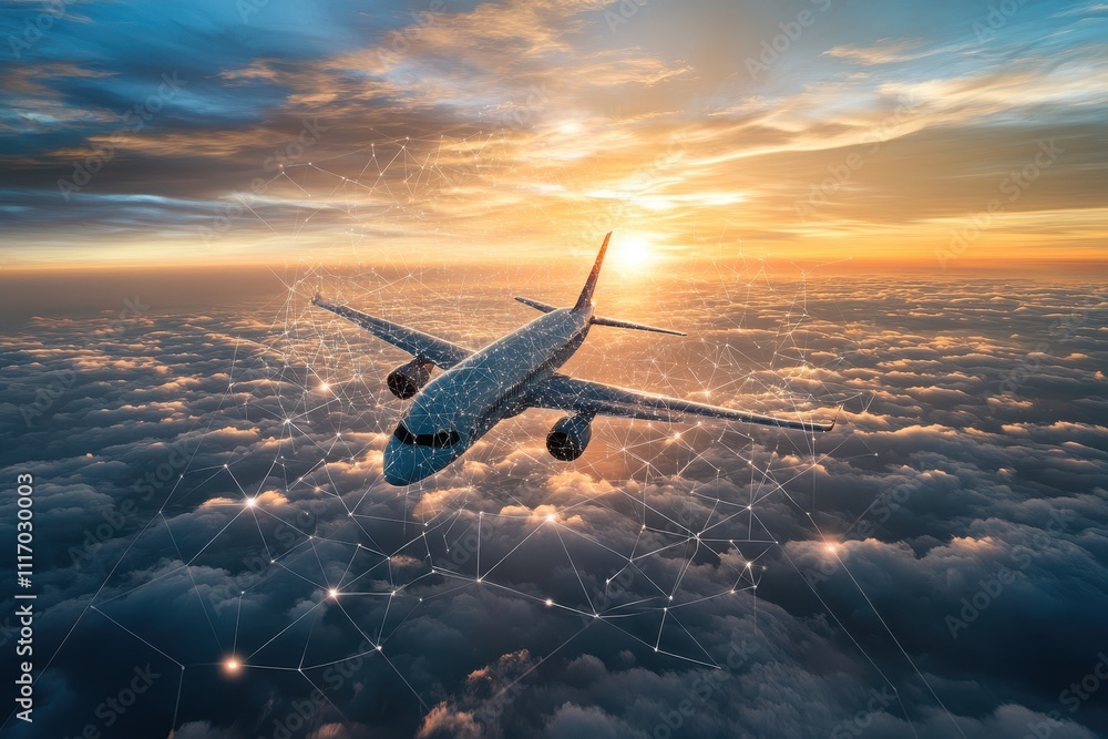 Naklejka premium Aerial view of airplane above clouds with digital lines symbolizing global connectivity