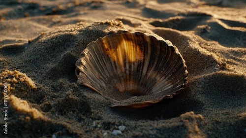 A seashell resting on sandy beach, illuminated by soft sunlight.