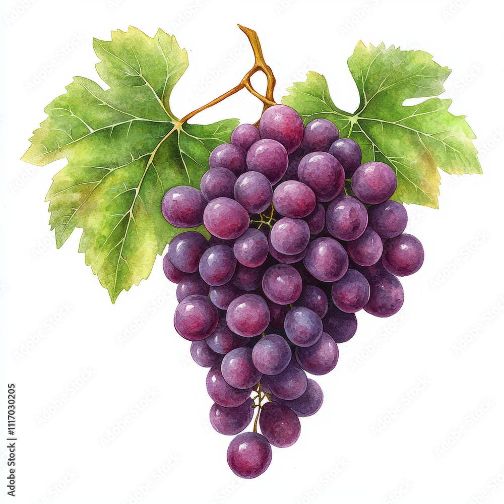 Fototapeta premium Freshly harvested grapes with vibrant green leaves create delightful and inviting scene. rich purple hue of grapes adds touch of elegance and freshness to any setting