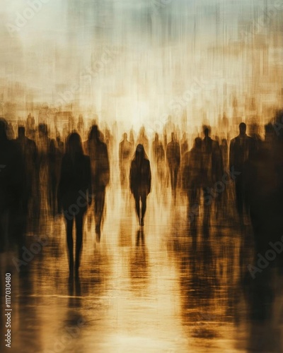 A blurred scene of silhouettes walking, evoking a sense of mystery.