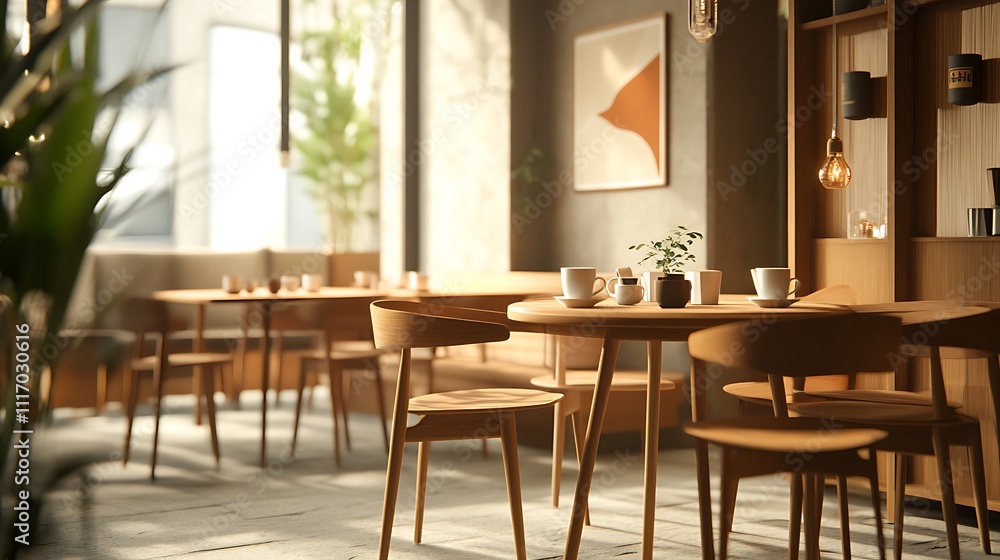 A Sunny Cafe Interior with Wooden Chairs and a Small Table A Sunny Cafe Interior with Wooden Chairs and a Small Table