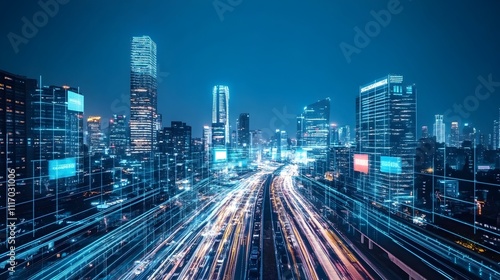 Night cityscape with digital overlay showing data streams and connections.