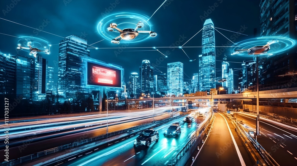 Fototapeta premium Night cityscape with multiple drones delivering packages over highway traffic.