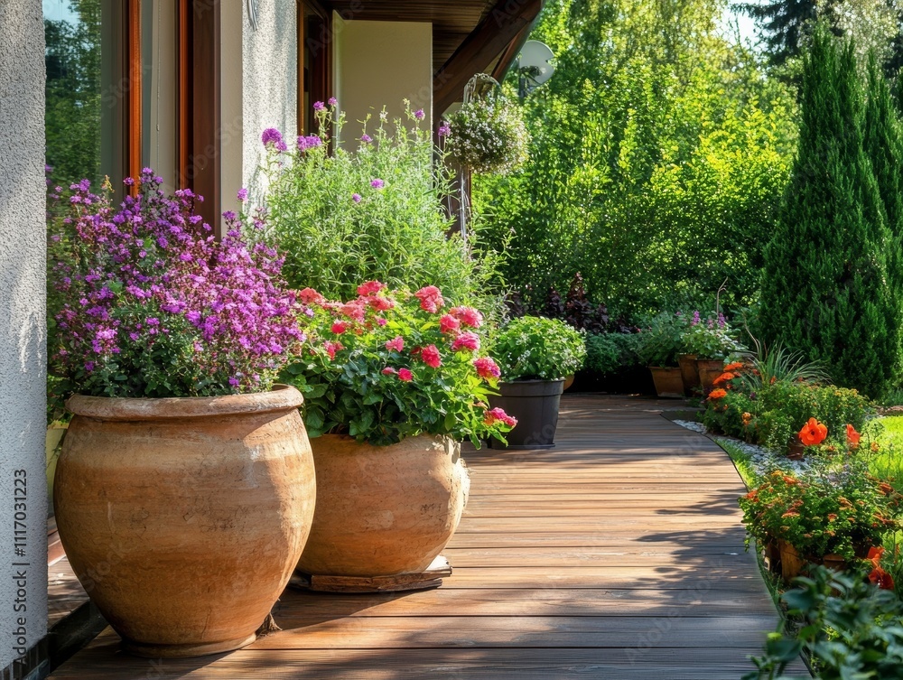 Fototapeta premium Cozy villa patio with decorative plants and wooden flooring - ai