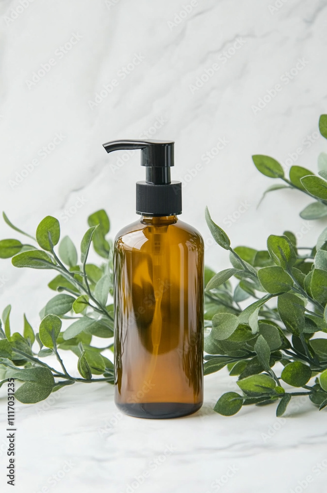 Amber Glass Pump Bottle with Botanical Green Leaves Amber Glass Pump Bottle with Botanical Green Leaves